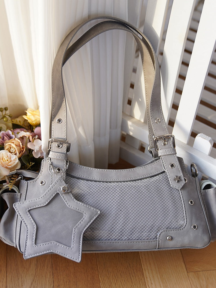 Graue Y2K Ita Star Schultertasche aus PU mit Charm