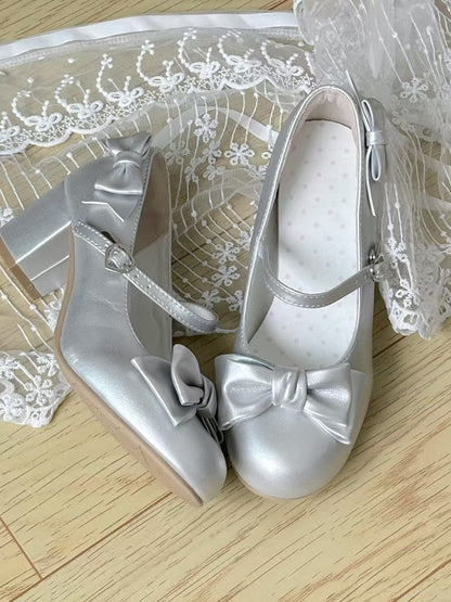 Janes at Lolita Silver Sweet Bow Design Top Mary Mid-heel with Snap
