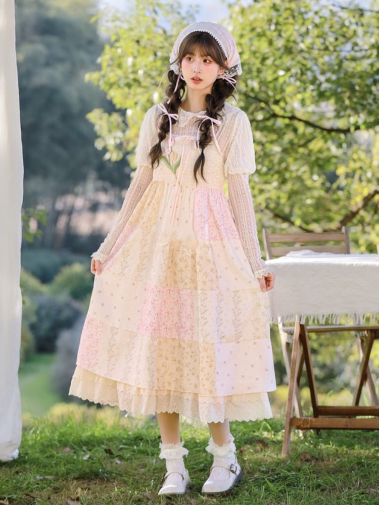 Mori Kei Beige & Pink Tulip Floral Patchwork Summer Dress