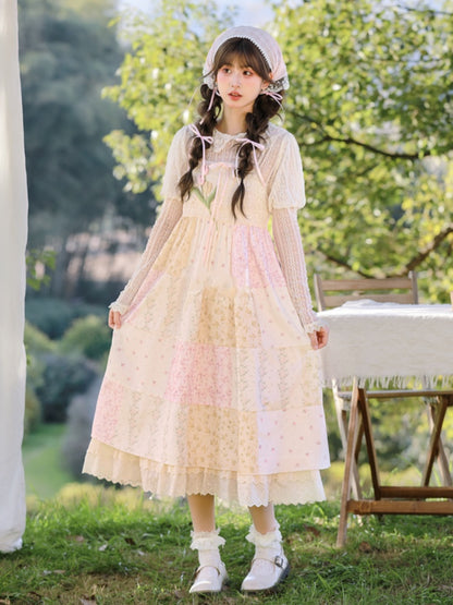 Mori Kei Beige & Pink Tulip Floral Patchwork Summer Dress