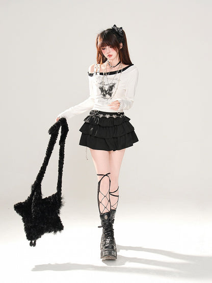 Grafisches Top Enigmatic Night Butterfly Schwarz/Weiß Asymmetrischer Ausschnitt Schnallenträger Glamourös