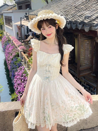 with Mesh Overlay Lily Print Dress Beige Flutter Sleeves Basque Waist