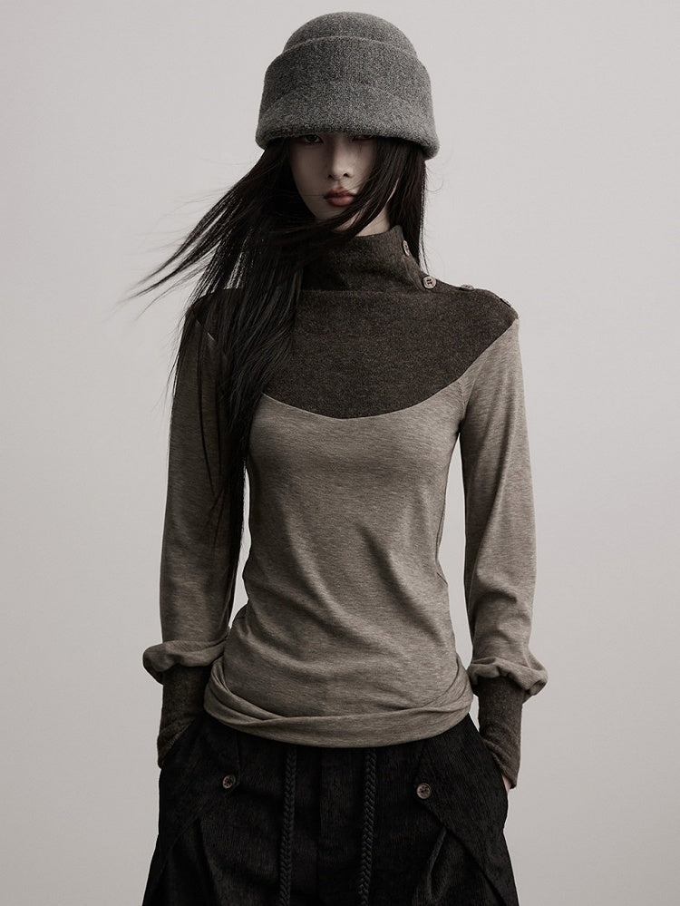 Long-Sleeve Goth with Top Button Design Gray Color-Block Brown Details Urban