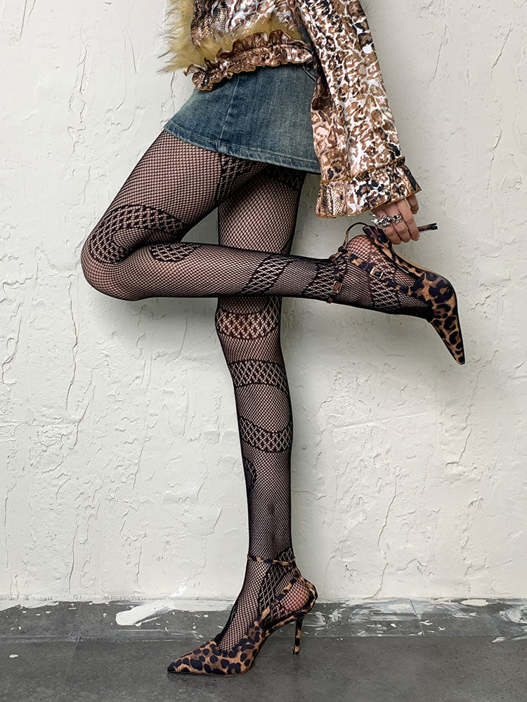 Y2K Black Snake Print Openwork Tights