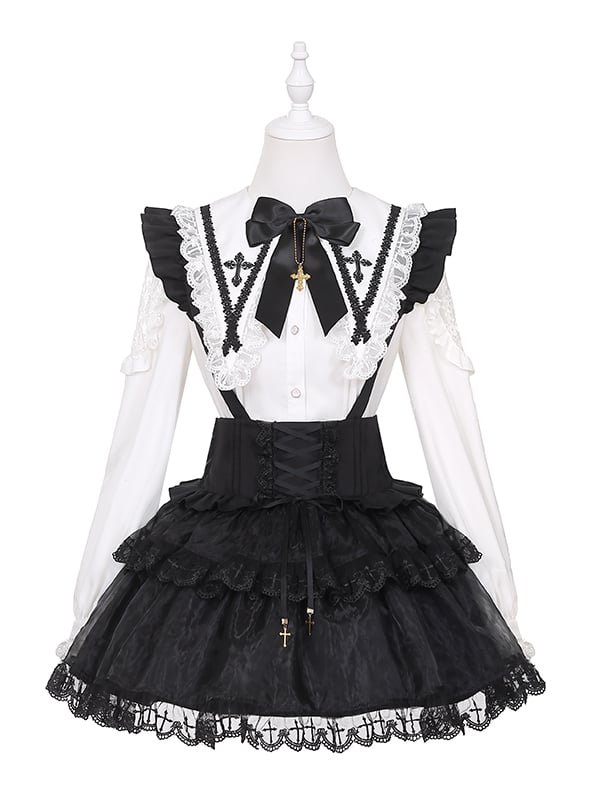 Jirai Kei – Schwarzes Tüllrock-Overallkleid mit Schnürung und hoher Taille, Landmine