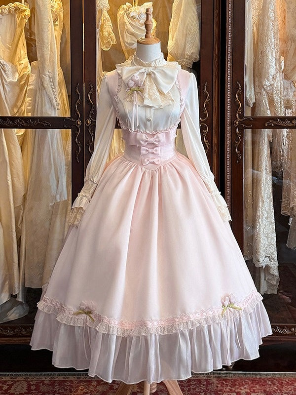 Pink Shirt and Jumper Skirt Set with Bow and Ruffle Details - Sweet Dream