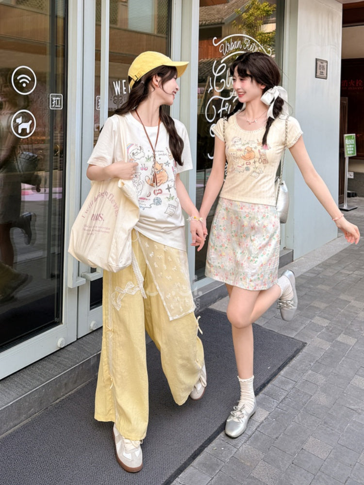 Yellow Regular/Short Version Wide-Leg Pants Bowknot Embroidery High Waist