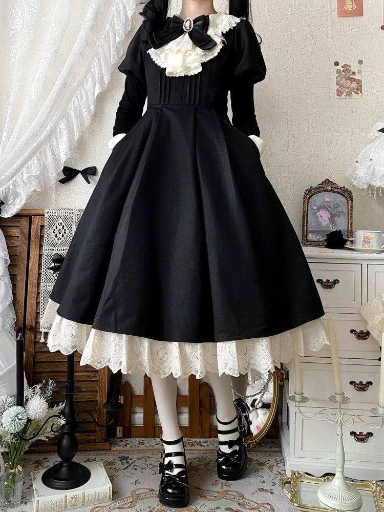 Schwarz-beiges Juliette-Ärmel-Dienstmädchen-Lolita-Set + Schürze