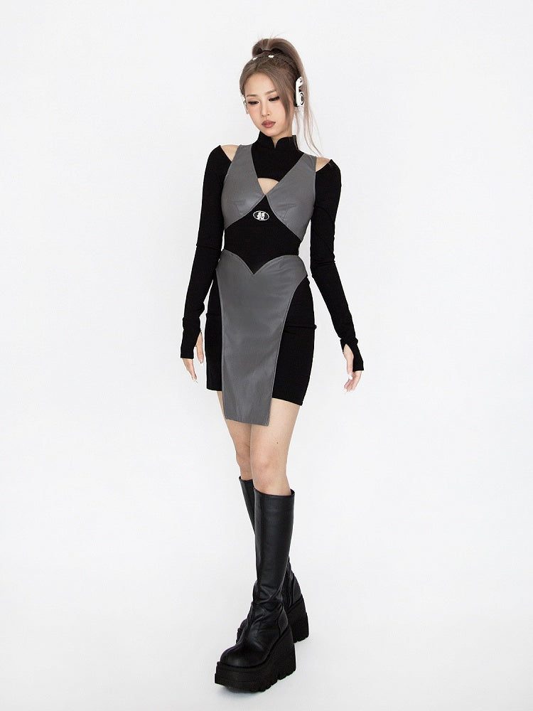 Cyberpunk Futuristisches Schwarz-Graues Stehkragen-Ausschnitt-Detail Ninja Glamouröses Kleid