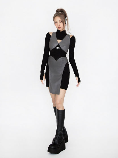 Cyberpunk Futuristisches Schwarz-Graues Stehkragen-Ausschnitt-Detail Ninja Glamouröses Kleid