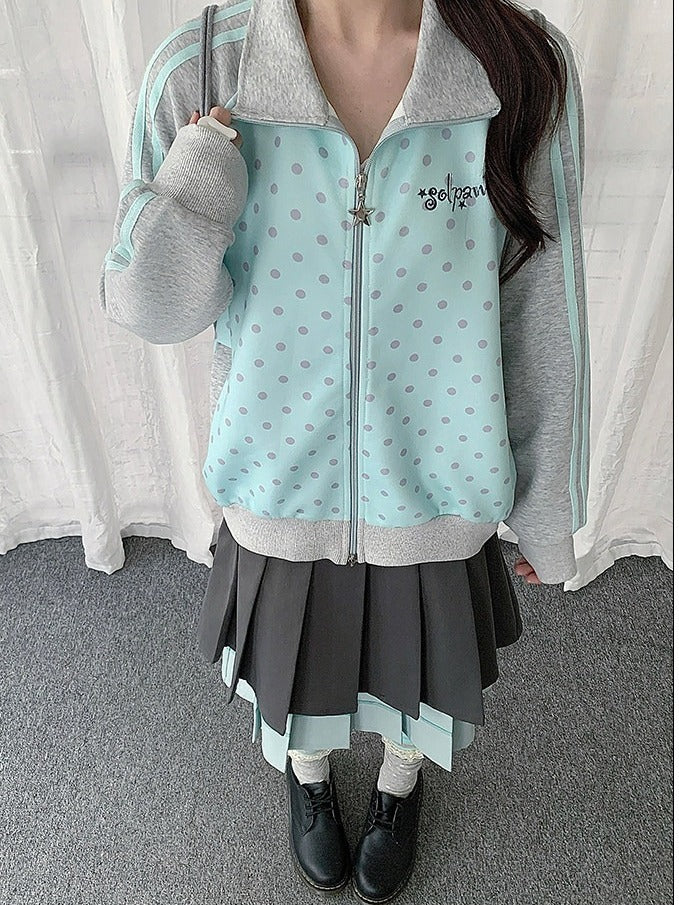 Mint Blue Y2K Polka-Dot Zip-Up Jacket with Stand Collar Design - Solkatt