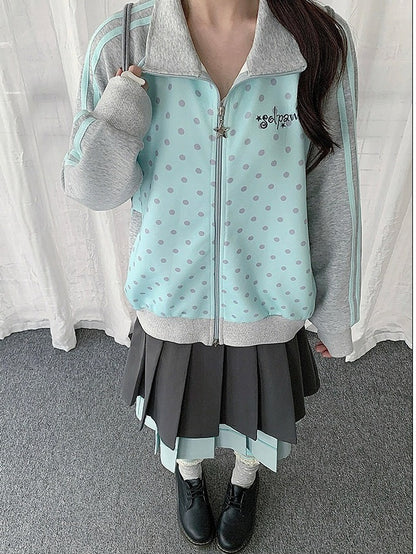 Mint Blue Y2K Polka-Dot Zip-Up Jacket with Stand Collar Design - Solkatt