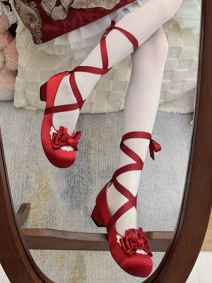 Sweet Red Lolita Low-heel Mary Jane Shoes in Satin with Lace-up at Ankle, Detachable Ankle Strap & Heart Fastener
