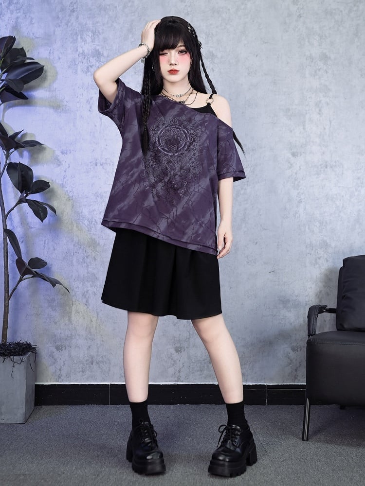 Gothic Purple Faux Two-Piece Off-Shoulder Tee with Sea Lily Print - Quirky Hut