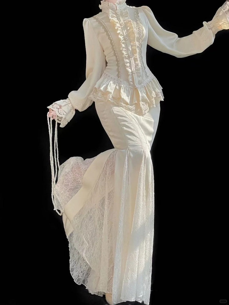 Classic Apricot Elegant Lolita with + Ruffled Set Details Blouse Lace Mermaid Skirt Long Sleeves