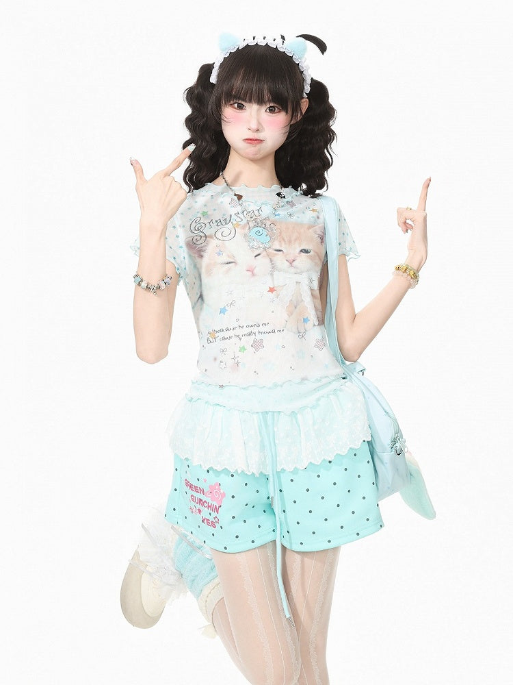 Green Mesh T-Shirt with Kitty and Star Print - Languid Park