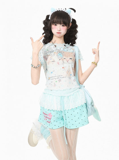 Green Mesh T-Shirt with Kitty and Star Print - Languid Park