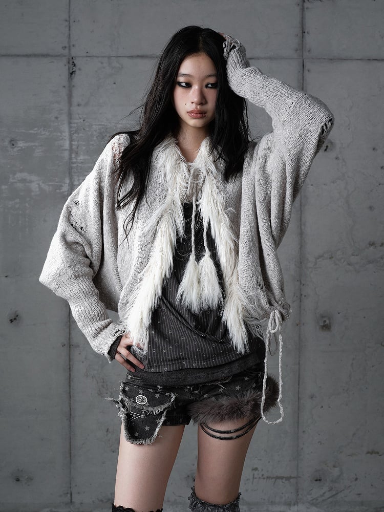 Trim Light Punk Cardigan Wing Faux Grey Fur Print Y2K Batwing with Sleeve