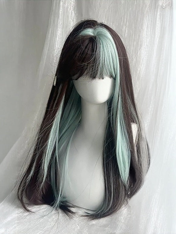 Green & Brown Highlight 60cm Straight Air Bangs Wig - Meow Island Wig