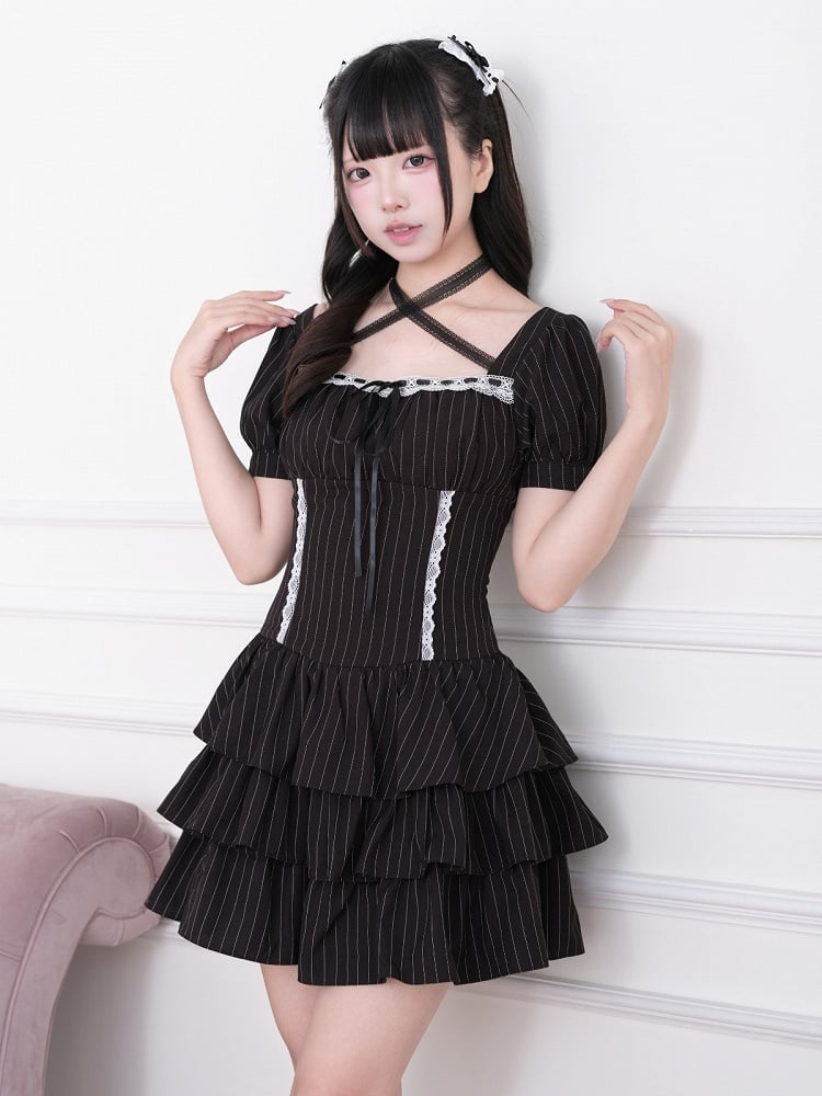 Black Striped Halter Square Neck Short Sleeve Dress - No Genki