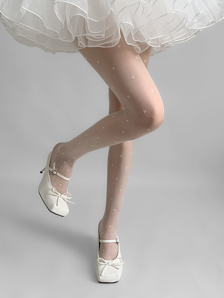 White/Black Heart Tights Semi-Sheer Pattern