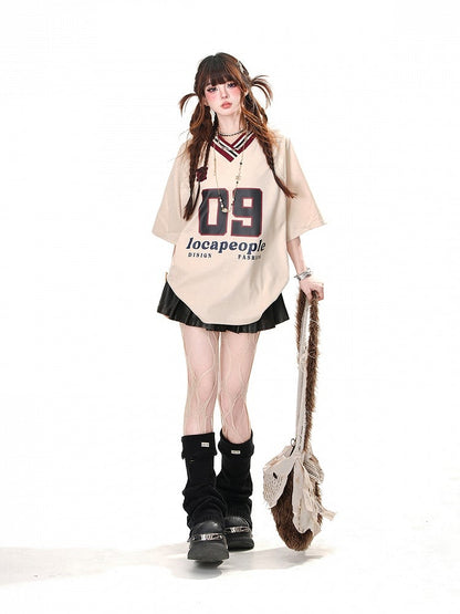 ゆったりTシャツ プリント スポーツ カーキ/ネイビーブルー プレッピースタイル Vネック ナンバー