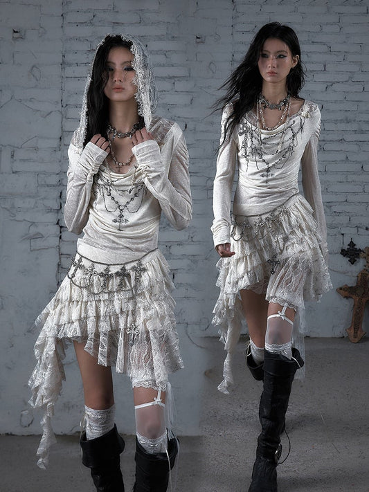 Print Hood Lace Cross Hem Tiered Punk with Asymmetric Apricot Dress