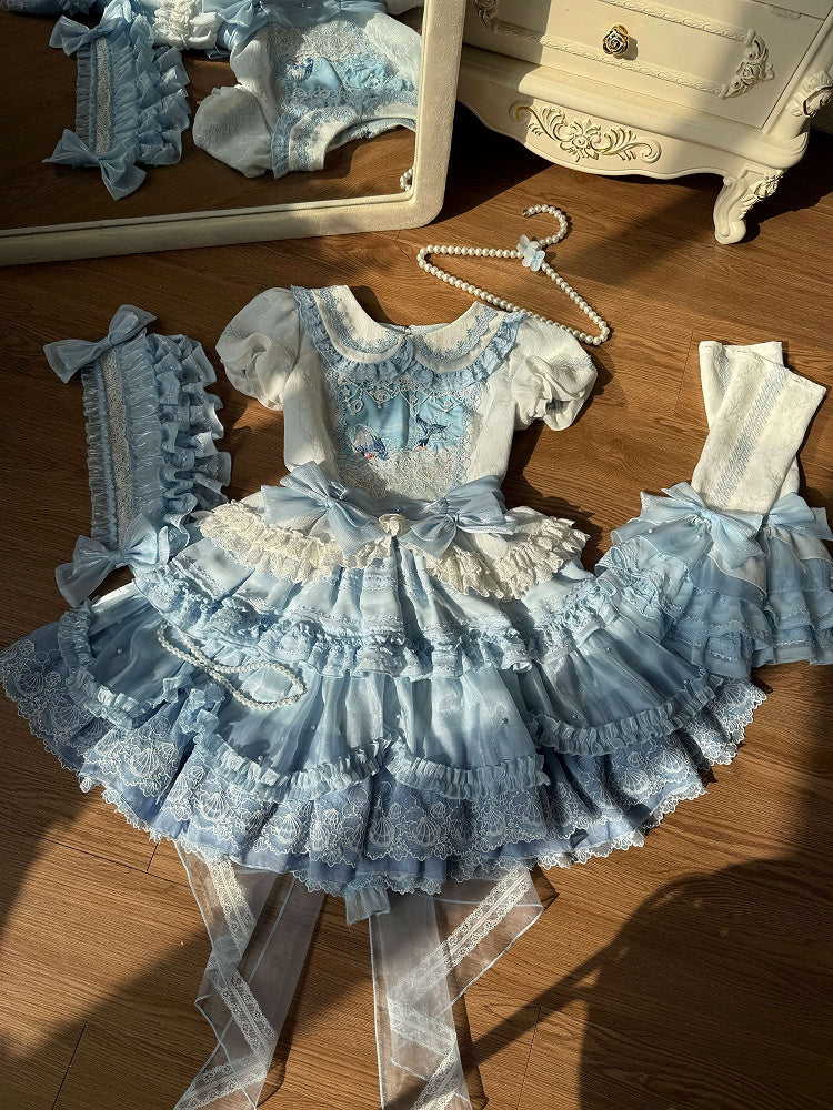 Süße Mieder Ärmeln Abnehmbare Lolita Blau Kleid Strand Wal Druck Stickerei Glocke mit und