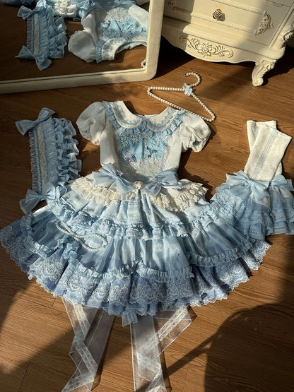 Sweet Bodice Sleeves Detachable Lolita Blue Dress Beach Whale Print Embroidery Bell with and