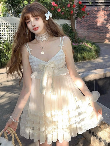 Lace With Bowknot Slip White Ruffles Dress Tiered Above Knee