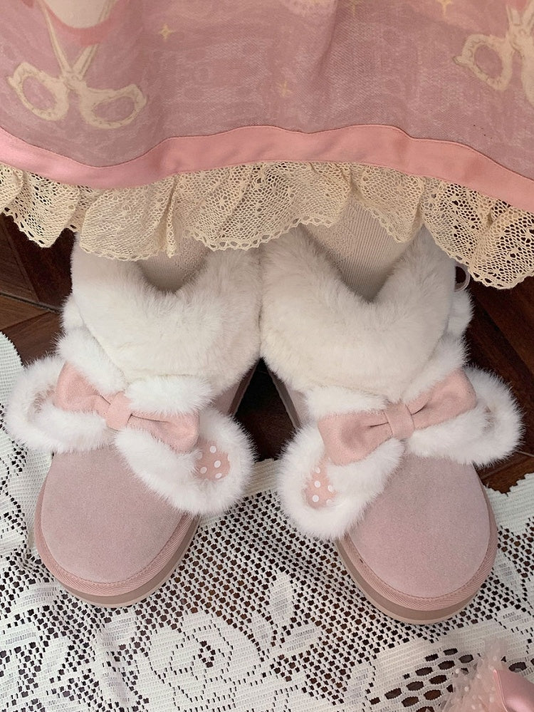 Süße Winter-Polka-Stiefel - Plateau-Ohren-Kaninchen-Plüsch-Lolita-Pink-Punkt