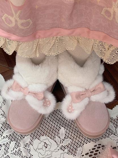 Süße Winter-Polka-Stiefel - Plateau-Ohren-Kaninchen-Plüsch-Lolita-Pink-Punkt