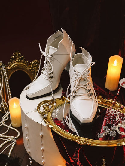 Wineglass-shaped Ties Heel White Boots Gothic Lace-up Front