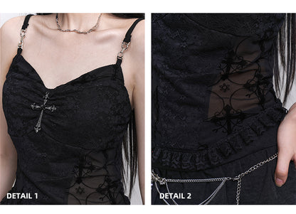 with Beaded Black Lace Patches Waist Cross Decorated Cami Top Chains