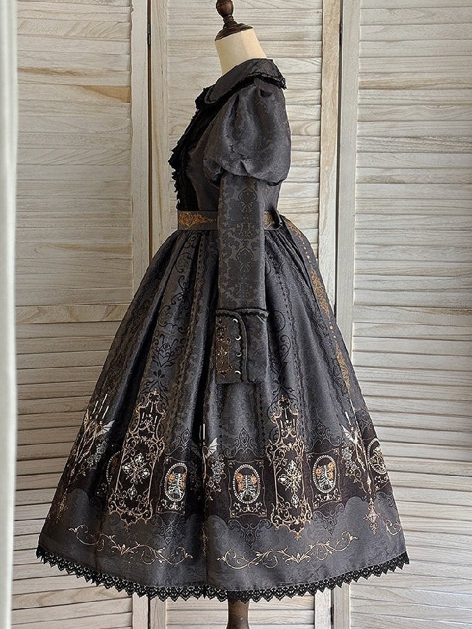 Lolita with Bat Juliette Wings Candelabras Sleeves Print Gray Dress Gothic