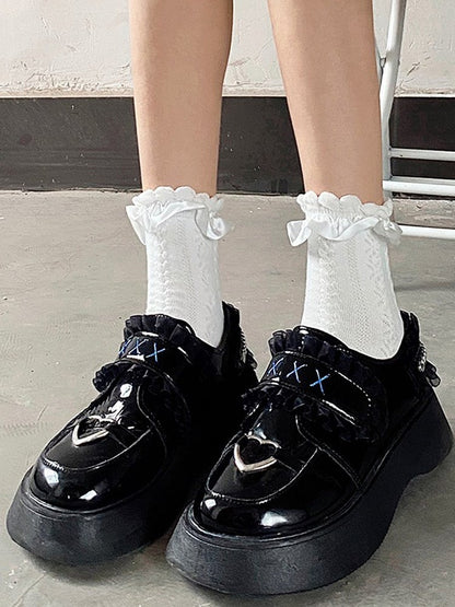 Cute White/Beige/Black Ruffled Socks Cotton