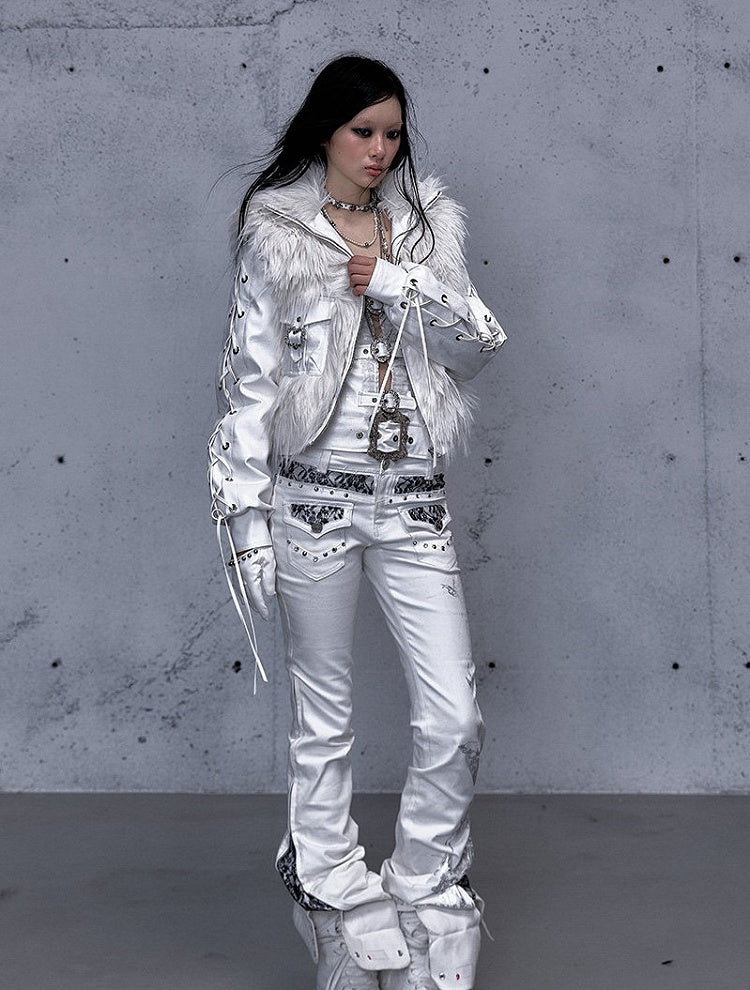 Embellishments Studded Jeans Punk Lace White Flare Silver with Vintage Details Slight