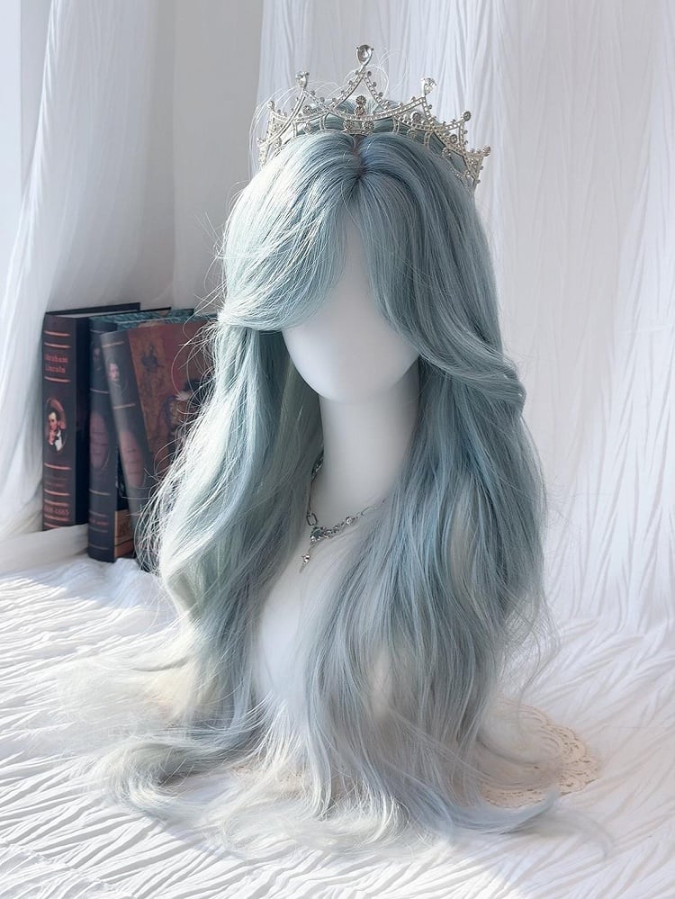 with Curtain Blue Wavy Ombre Mint Bangs Long Wig 70CM