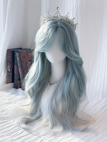 with Curtain Blue Wavy Ombre Mint Bangs Long Wig 70CM