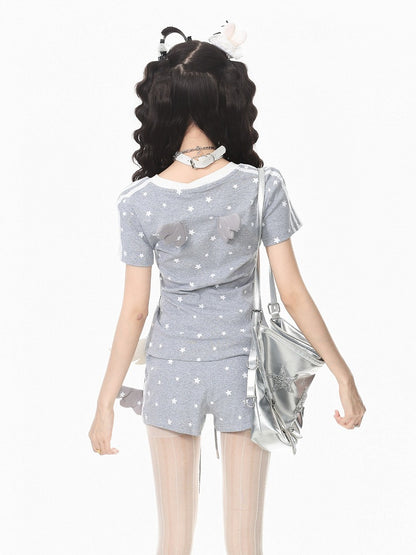 Gray Star Print V-Neck Tee with Wing Back Design - Languid Park