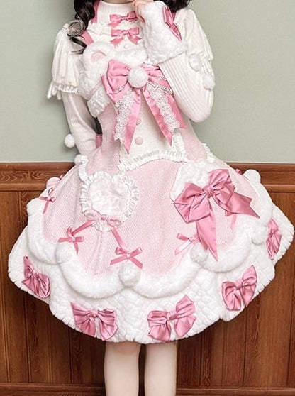White Bow Applique Sweetheart Plush Pink Details Lolita Dress with and Sweet Accents