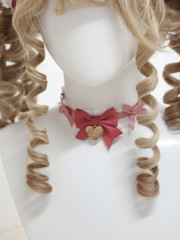 Heart with Pink Satin Lace Gold Choker Pastel Bow
