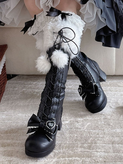 - Heeled PU Lolita Sweet Boots with Collar Design Plush Black