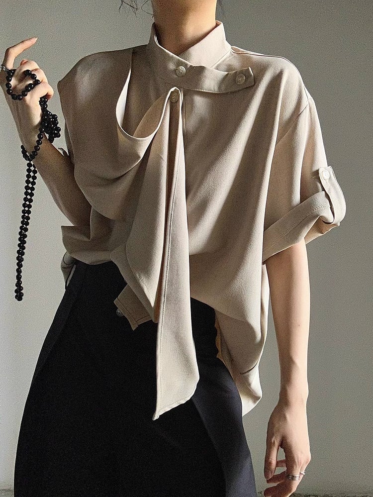 Button Unisex Khaki Extended Short Sleeve Shirt with Collar Stand