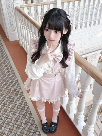 Ryousangata Pink Lace Long Sleeve Dress & Shorts Bow Set - Ekomi