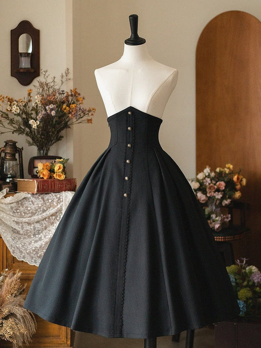 Black Elegant Vintage Boned High Waist Midi Length Striped Fabric Lolita Skirt