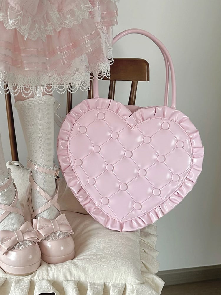 Bag Heart Quilted Trim Elegant – Style Pink Lolita Ruffle Handheld Purse