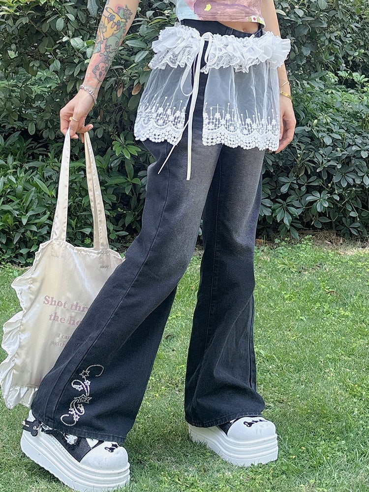 ほろ苦い刺繍入りホワイトY2Kカフトリムパンツフローラルシアーレースアクセサリーフリル