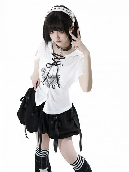 White Frog Lace-up Neckline Front Button Placket T-shirt Cute Print Hooded Waffle