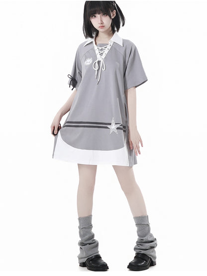 Neckline Star Loose Gray Lace-up Bunny Applique and Dress